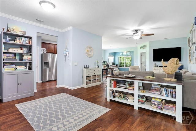 80 Sunbury Ct, Richmond Hill, GA 31324 - living area featuring a ceiling fan, dark wood-type flooring, and crown molding