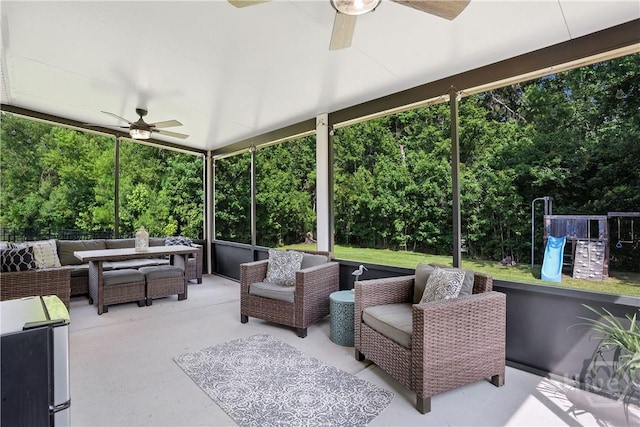 80 Sunbury Ct, Richmond Hill, GA 31324 - sunroom featuring ceiling fan and an outdoor hangout area