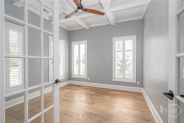 122 Kent, Pooler, GA 31322 - unfurnished room with coffered ceiling, beamed ceiling, light wood-style flooring, a ceiling fan, and crown molding