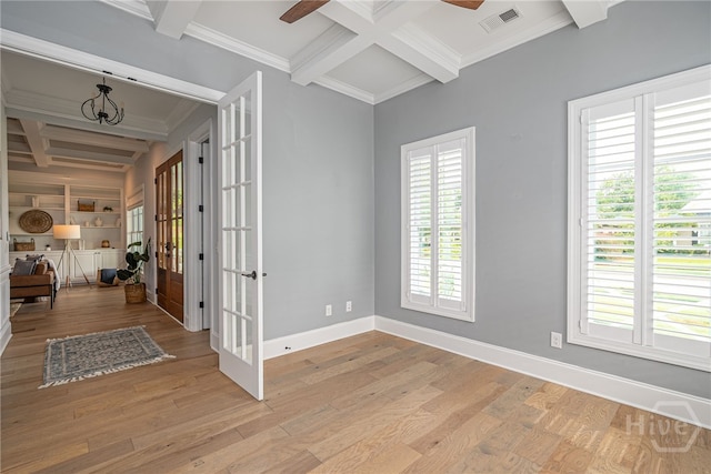 122 Kent, Pooler, GA 31322 - entrance foyer with coffered ceiling, french doors, beam ceiling, healthy amount of natural light, and a ceiling fan
