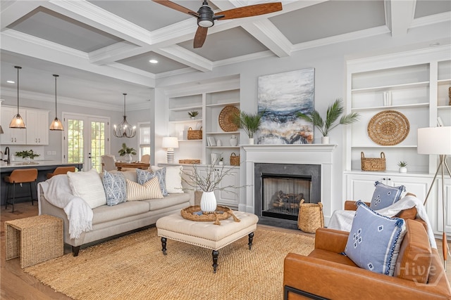 122 Kent, Pooler, GA 31322 - living area with wood finished floors, coffered ceiling, a ceiling fan, beam ceiling, and ornamental molding
