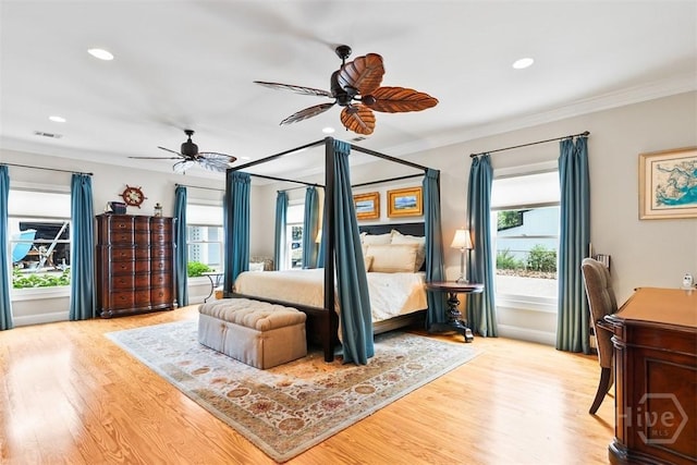 606 Rivers End Dr, Savannah, GA 31406 - bedroom featuring wood finished floors, ornamental molding, recessed lighting, and ceiling fan