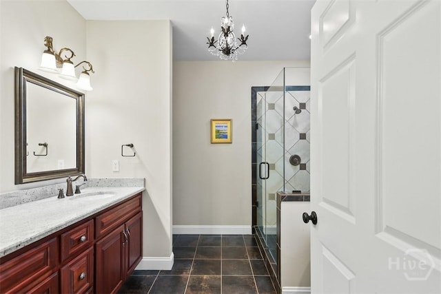 606 Rivers End Dr, Savannah, GA 31406 - full bath with vanity, a chandelier, a shower stall, and tile patterned flooring