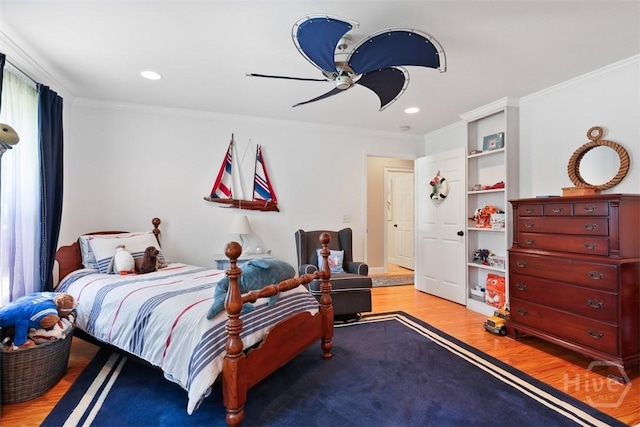 606 Rivers End Dr, Savannah, GA 31406 - bedroom with light wood-type flooring, ornamental molding, a ceiling fan, and recessed lighting