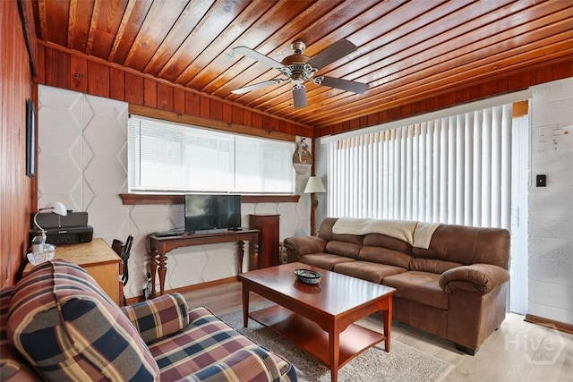 606 Rivers End Dr, Savannah, GA 31406 - living room featuring wood ceiling, a ceiling fan, light wood-style flooring, and wooden walls