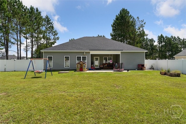 202 Orleans Trl, Statesboro, GA 30461 - rear view of property featuring a patio area, a fenced backyard, and a playground