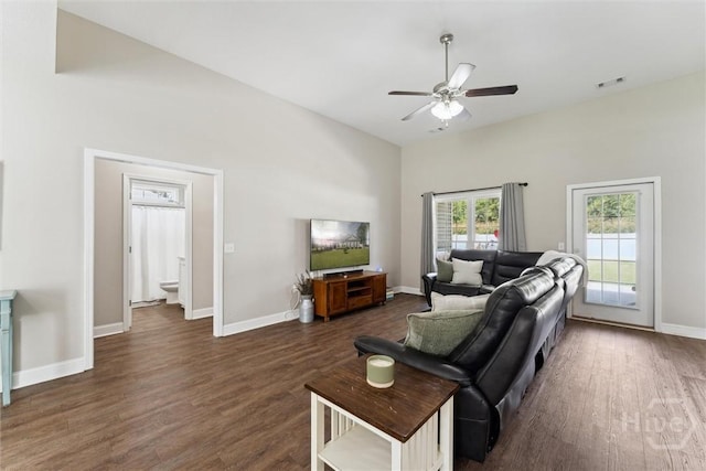 202 Orleans Trl, Statesboro, GA 30461 - living room featuring a ceiling fan and dark wood-type flooring