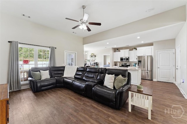 202 Orleans Trl, Statesboro, GA 30461 - living area featuring a ceiling fan, dark wood-style flooring, and recessed lighting