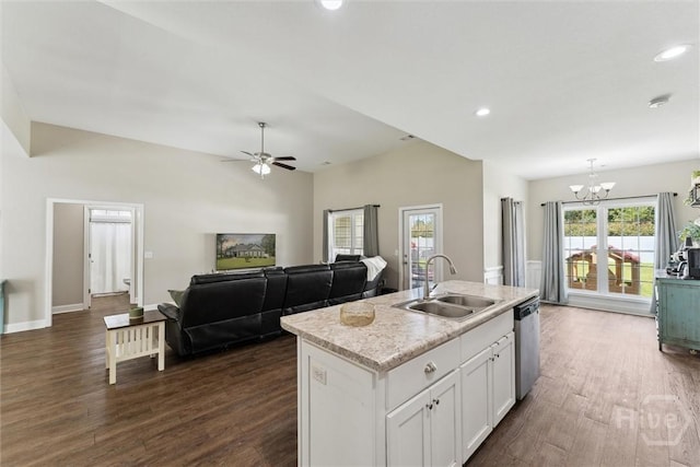 202 Orleans Trl, Statesboro, GA 30461 - kitchen with dishwasher, dark wood-style floors, a chandelier, recessed lighting, and lofted ceiling