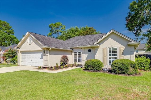225 Jasper Ln, Rincon, GA 31326 - single story home featuring stucco siding, an attached garage, concrete driveway, a front lawn, and a shingled roof