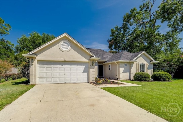 225 Jasper Ln, Rincon, GA 31326 - ranch-style home with driveway, a front lawn, stucco siding, and an attached garage