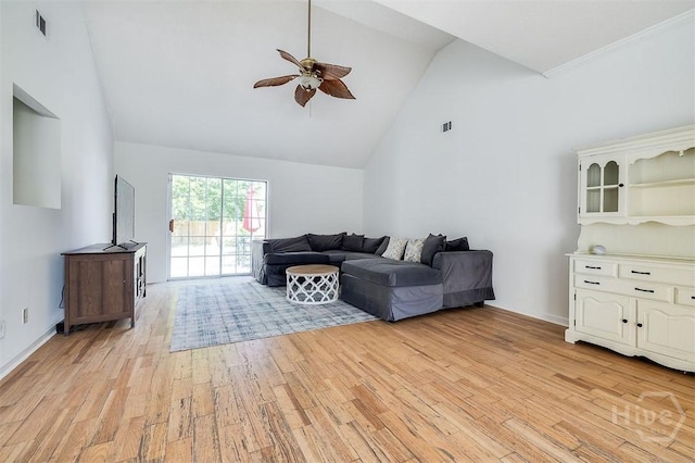 225 Jasper Ln, Rincon, GA 31326 - living area featuring ceiling fan, light wood-style flooring, and high vaulted ceiling