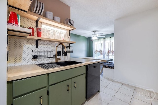 225 Jasper Ln, Rincon, GA 31326 - kitchen featuring green cabinetry, black dishwasher, open shelves, decorative backsplash, and light countertops