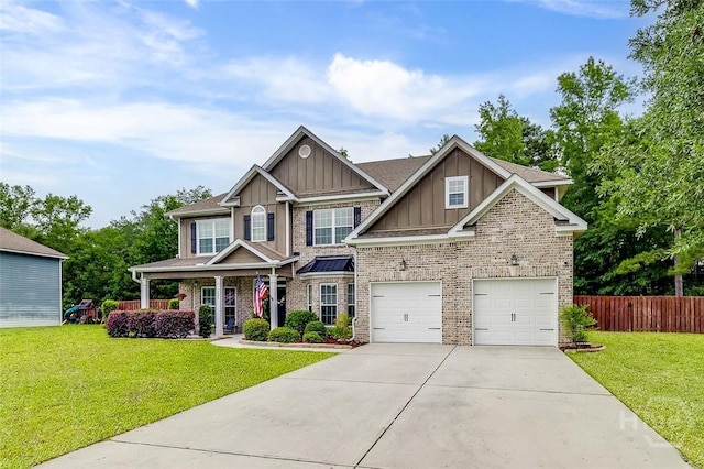 121 Cypress Loop, Bloomingdale, GA 31302 - craftsman house with board and batten siding, concrete driveway, brick siding, a garage, and a porch