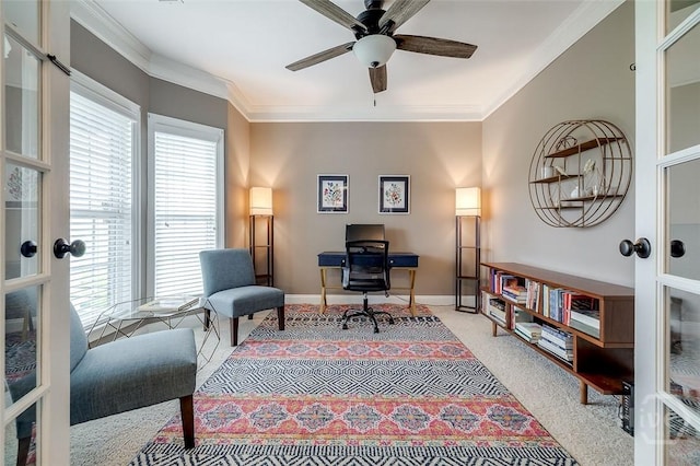 121 Cypress Loop, Bloomingdale, GA 31302 - home office with a ceiling fan, french doors, crown molding, and carpet floors