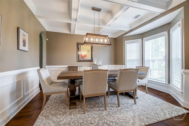 121 Cypress Loop, Bloomingdale, GA 31302 - dining room featuring coffered ceiling, dark wood-type flooring, arched walkways, beam ceiling, and a wainscoted wall
