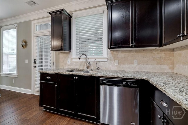 121 Cypress Loop, Bloomingdale, GA 31302 - kitchen featuring stainless steel dishwasher, tasteful backsplash, dark wood finished floors, light stone countertops, and ornamental molding