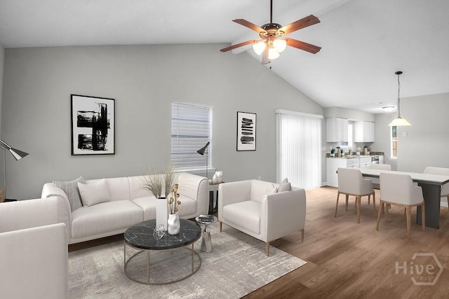 213 Executive Park Dr, Savannah, GA 31406 - living area featuring a ceiling fan, light wood-type flooring, and high vaulted ceiling