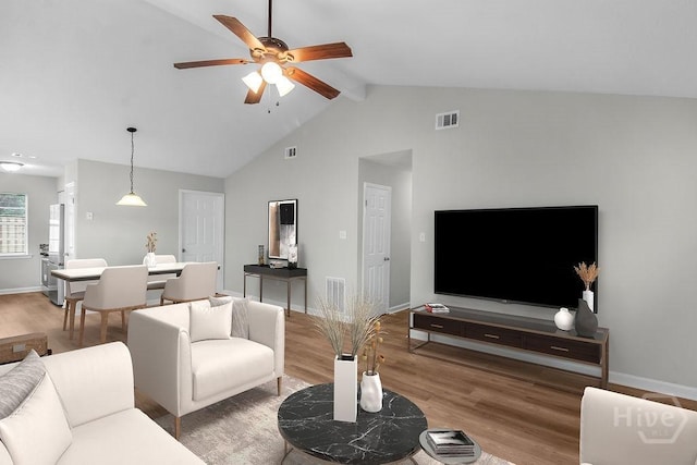 213 Executive Park Dr, Savannah, GA 31406 - living area featuring wood finished floors, a ceiling fan, beamed ceiling, and high vaulted ceiling