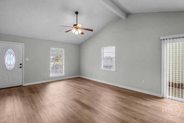 213 Executive Park Dr, Savannah, GA 31406 - entryway with ceiling fan, beamed ceiling, wood finished floors, and high vaulted ceiling