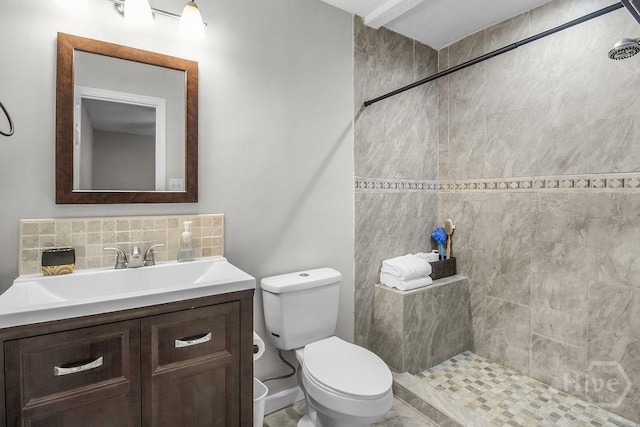 213 Executive Park Dr, Savannah, GA 31406 - full bathroom featuring tiled shower, vanity, and tasteful backsplash