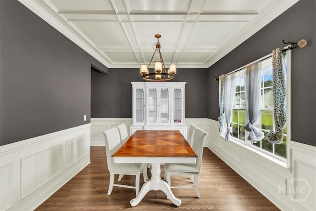 291 Kerry Dr, Richmond Hill, GA 31324 - dining space featuring a chandelier, coffered ceiling, a wainscoted wall, and dark wood finished floors