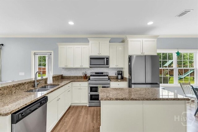 291 Kerry Dr, Richmond Hill, GA 31324 - kitchen with appliances with stainless steel finishes, stone countertops, ornamental molding, light wood-style flooring, and a peninsula
