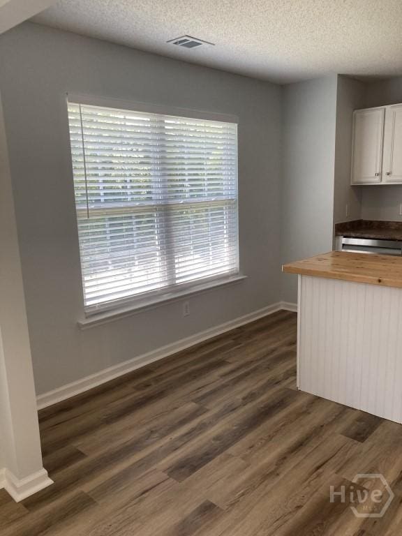 129 Ridgewood Cir, Rincon, GA 31326 - kitchen featuring wooden counters, a textured ceiling, dark wood-style floors, plenty of natural light, and white cabinets