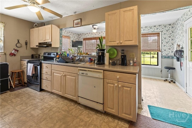 675 Foxwood Cir, Jesup, GA 31545 - kitchen with electric stove, dishwasher, under cabinet range hood, light brown cabinets, and wallpapered walls