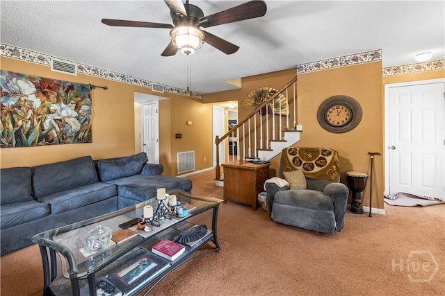 675 Foxwood Cir, Jesup, GA 31545 - living area with carpet floors, stairs, and a ceiling fan