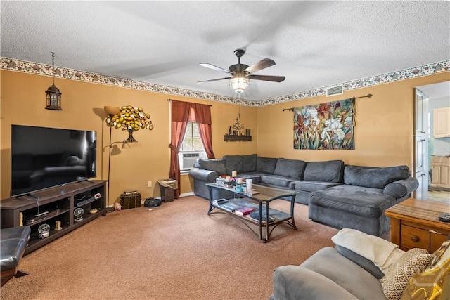 675 Foxwood Cir, Jesup, GA 31545 - living room with a textured ceiling, ceiling fan, carpet floors, and cooling unit