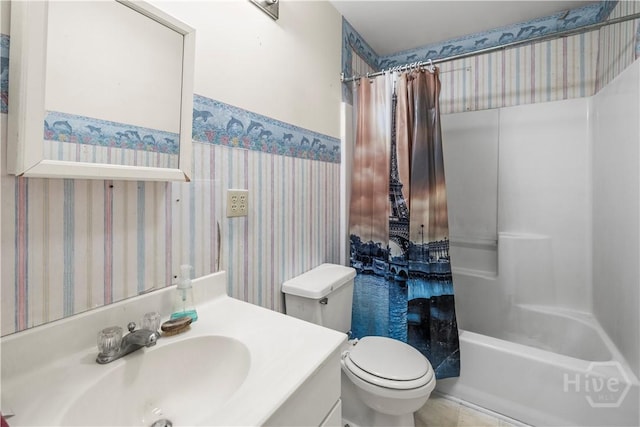 675 Foxwood Cir, Jesup, GA 31545 - bathroom with vanity, shower / bathtub combination with curtain, and wallpapered walls