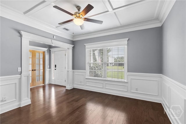 85 Wicklow Dr, Richmond Hill, GA 31324 - spare room with coffered ceiling, french doors, dark wood finished floors, wainscoting, and a ceiling fan