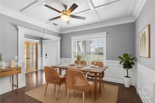 85 Wicklow Dr, Richmond Hill, GA 31324 - dining room with coffered ceiling, french doors, a wainscoted wall, wood finished floors, and ceiling fan