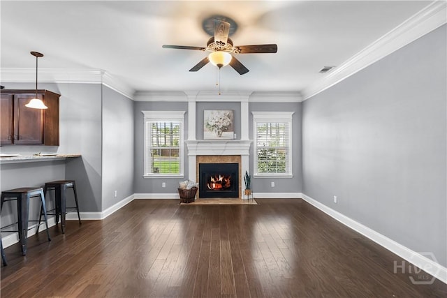 85 Wicklow Dr, Richmond Hill, GA 31324 - unfurnished living room featuring a ceiling fan, a fireplace with flush hearth, and dark wood-style flooring