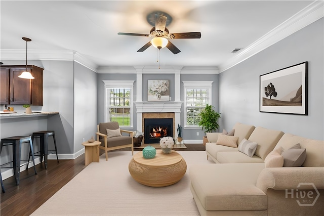 85 Wicklow Dr, Richmond Hill, GA 31324 - living room with dark wood-style flooring, ceiling fan, a large fireplace, and ornamental molding
