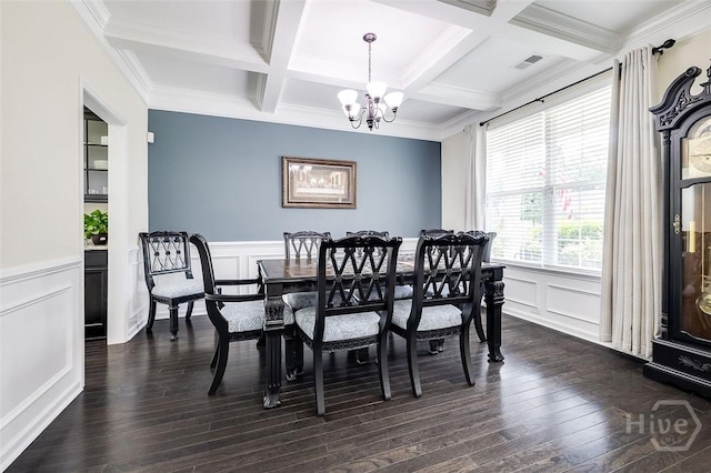 353 Casey Dr, Pooler, GA 31322 - dining area featuring a chandelier, a decorative wall, coffered ceiling, beamed ceiling, and dark wood-style floors