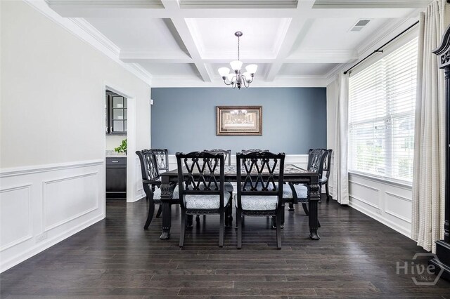 353 Casey Dr, Pooler, GA 31322 - dining area featuring a chandelier, coffered ceiling, beam ceiling, a decorative wall, and dark wood-type flooring