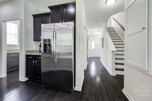 353 Casey Dr, Pooler, GA 31322 - kitchen with stainless steel refrigerator with ice dispenser, dark wood-style floors, and light stone countertops