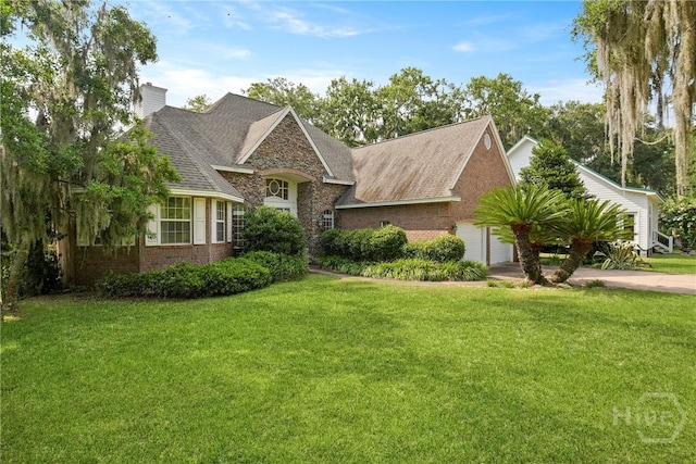 245 Youmans Rd, Midway, GA 31320 - view of front of home with brick siding, a front yard, a chimney, an attached garage, and driveway