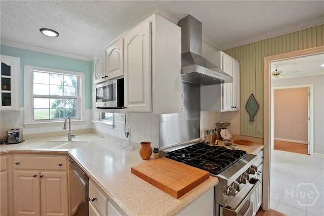 245 Youmans Rd, Midway, GA 31320 - kitchen with wall chimney range hood, stainless steel appliances, ornamental molding, tasteful backsplash, and light countertops