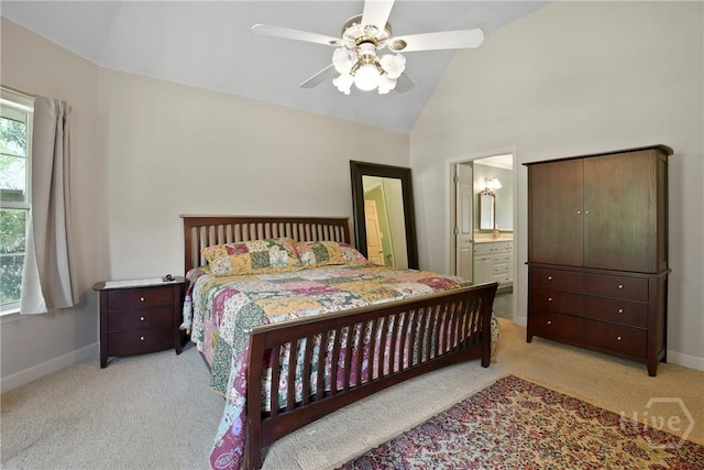 245 Youmans Rd, Midway, GA 31320 - bedroom featuring light carpet, ensuite bath, ceiling fan, and high vaulted ceiling