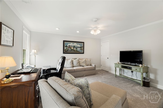 131 Como Dr, Pooler, GA 31322 - living room featuring an office area, a ceiling fan, carpet floors, crown molding, and recessed lighting