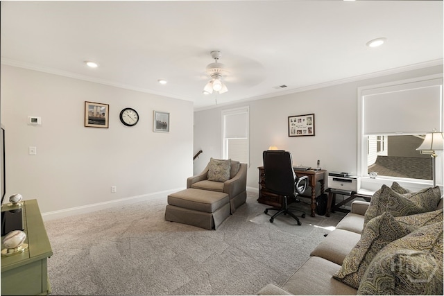 131 Como Dr, Pooler, GA 31322 - living room featuring crown molding, carpet, a ceiling fan, recessed lighting, and an office area