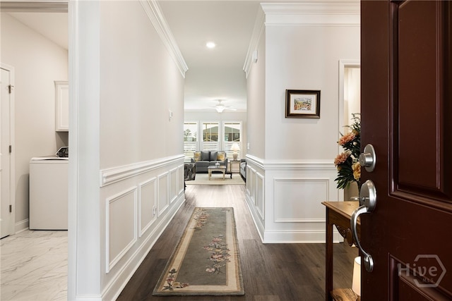 131 Como Dr, Pooler, GA 31322 - hallway with washer / clothes dryer, wainscoting, ornamental molding, recessed lighting, and a decorative wall