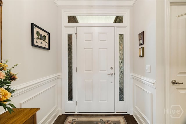 131 Como Dr, Pooler, GA 31322 - entryway with a decorative wall, a wainscoted wall, and dark wood finished floors