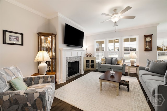 131 Como Dr, Pooler, GA 31322 - living area featuring dark wood finished floors, ceiling fan, crown molding, and a fireplace