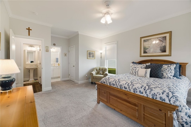 131 Como Dr, Pooler, GA 31322 - bedroom with light colored carpet, ensuite bath, ornamental molding, and ceiling fan