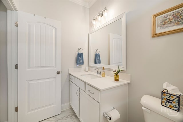 131 Como Dr, Pooler, GA 31322 - half bathroom with vanity, marble look tiles, and ornamental molding