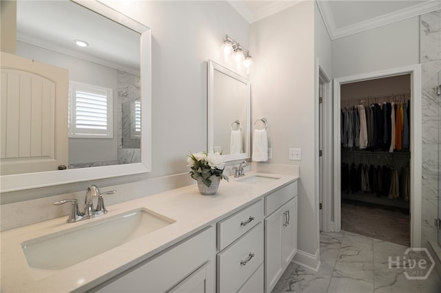 131 Como Dr, Pooler, GA 31322 - bathroom featuring marble finish floors, double vanity, crown molding, a marble finish shower, and a spacious closet